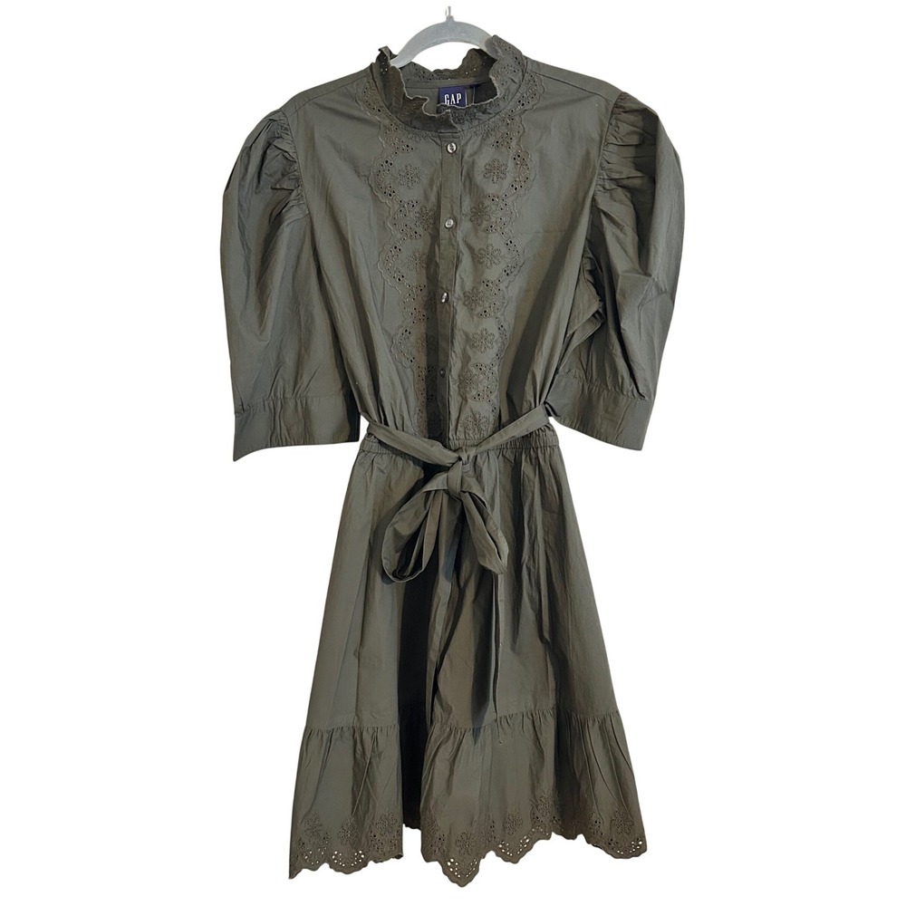 GAP Womens Olive Green Eyelet Lace Puff Sleeve Belted Midi Dress XL TALL‎